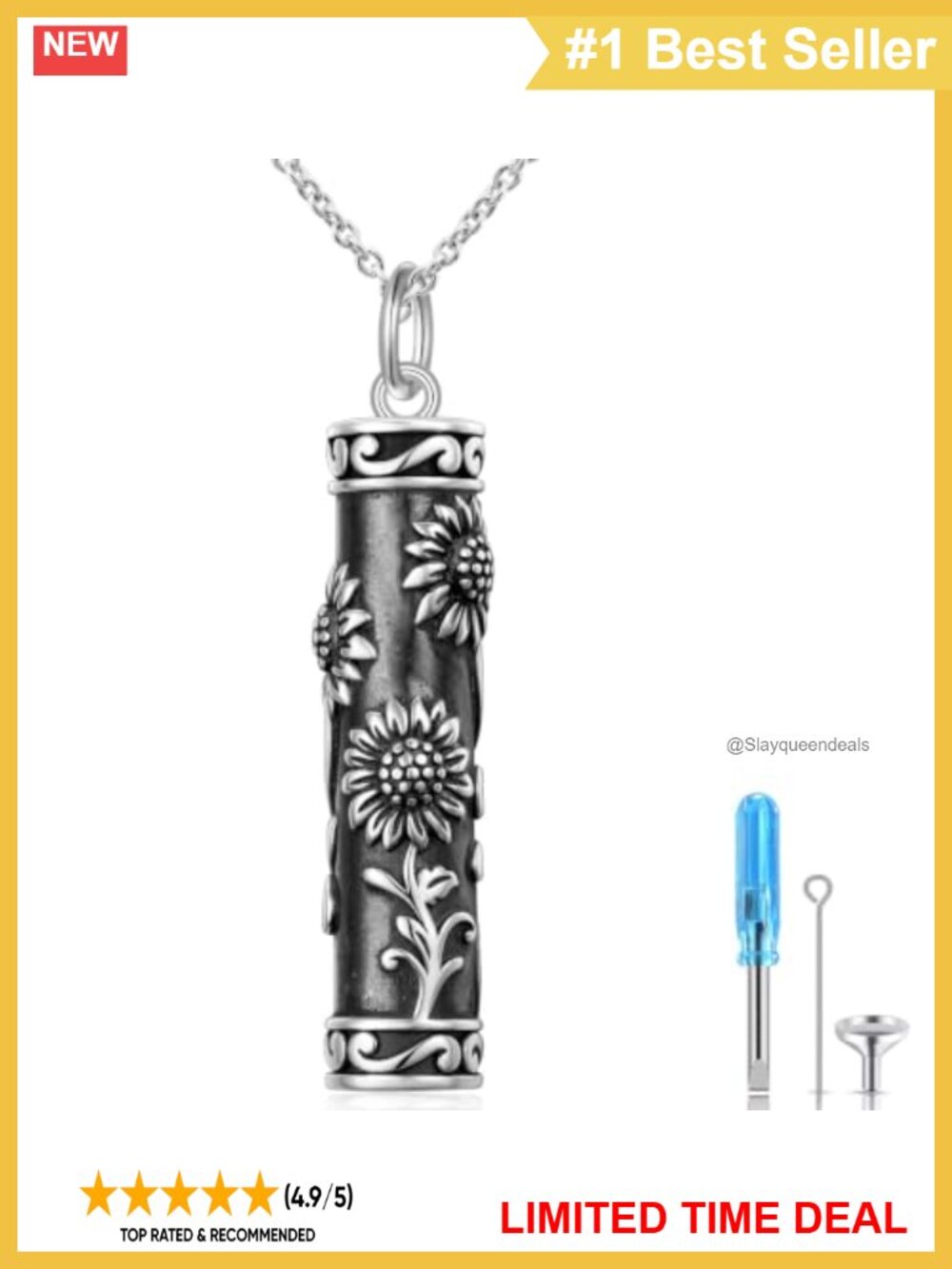 925 Sterling Silver Sunflower Urn Necklace Cremation Jewelry Memorial Pendant